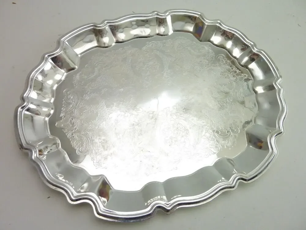 Vintage International Silver Co Silverplate Tray Scalloped Floral Etched Platter